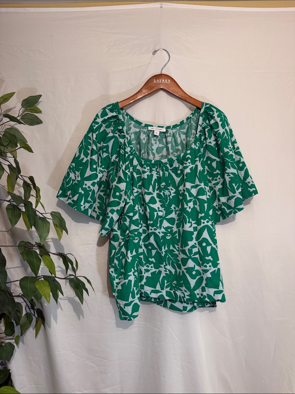 Free People Green and White Floral Scoop Neck Flutter Blouse